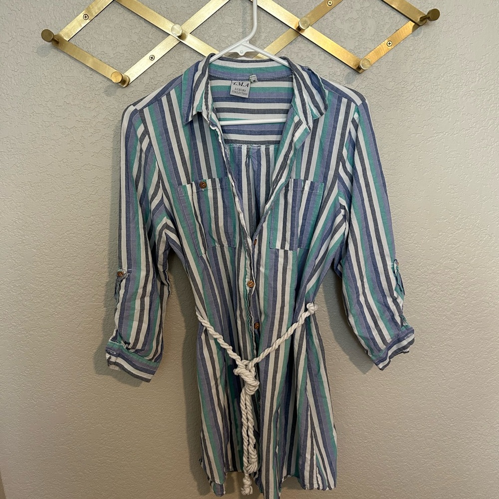 Striped Button-Up Tunic with Belt